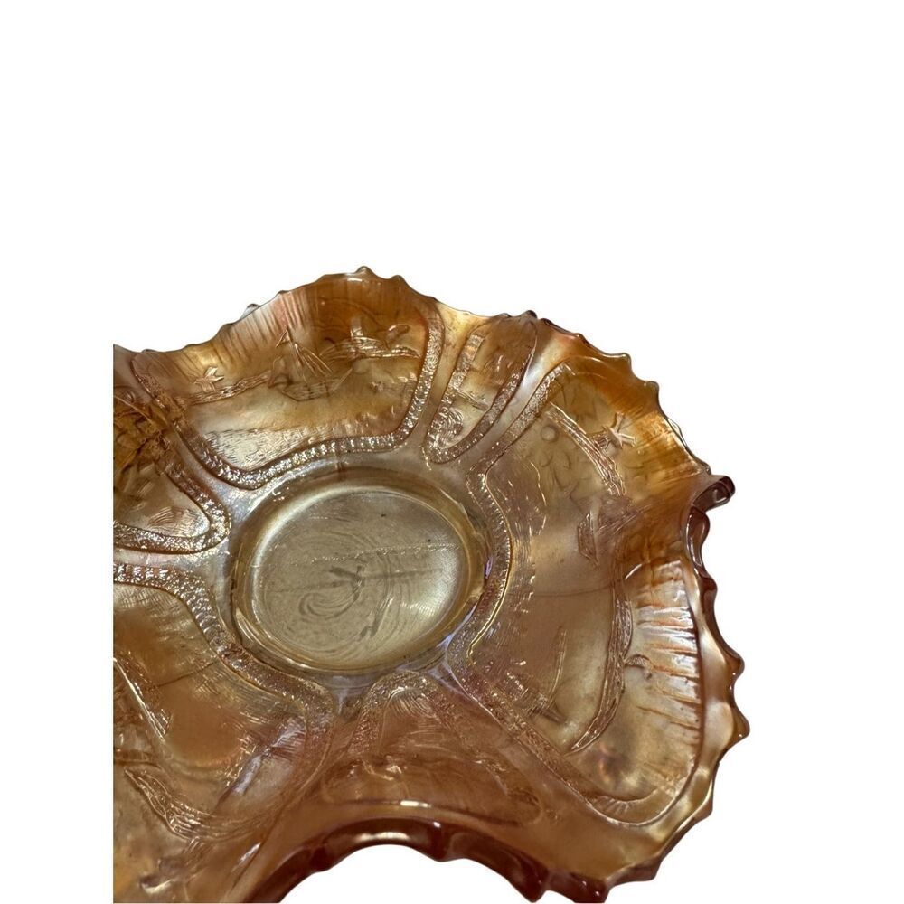 FENTON Sailboat Windmill & Orange Tree Carnival Glass Ruffled Rim Bowl 6.25"W - Picture 5 of 11